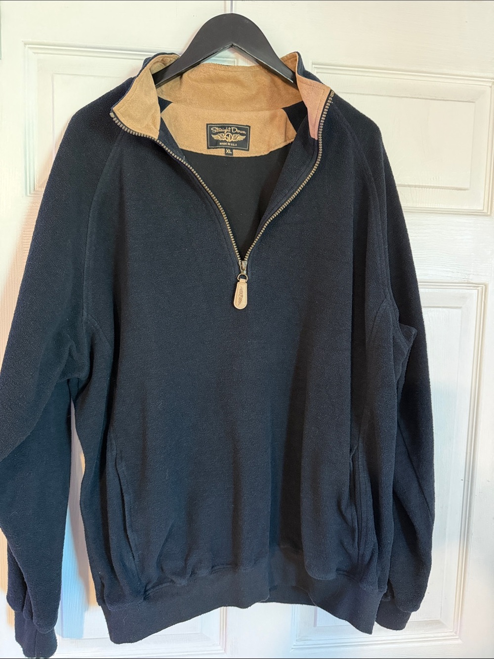 Straight Down Men's Navy Quarter-Zip Pullover with Tan Trim